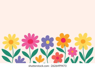 Colorful Hand-Drawn Spring Flowers in Bloom with Empty Background for Text or Design