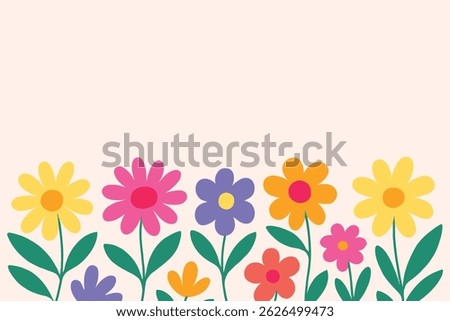 Colorful Hand-Drawn Spring Flowers in Bloom with Empty Background for Text or Design