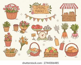 Colorful hand-drawn spring market vector set with vegetables, fruit crates, baskets with bread and eggs, coffee cup, flowers, potted plants, antique scales, and a market stall