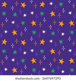 Colorful hand-drawn stars in a repeating seamless pattern. Vibrant decorative elements on a dark purple background. Ideal for kids products, party designs, or holiday-themed printables.