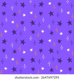 Colorful hand-drawn stars in a repeating seamless pattern. Vibrant decorative elements on a dark purple background. Ideal for kids products, party designs, or holiday-themed printables.