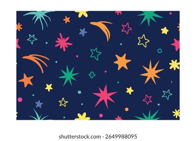 Colorful hand-drawn stars shapes on a dark blue seamless pattern design orange