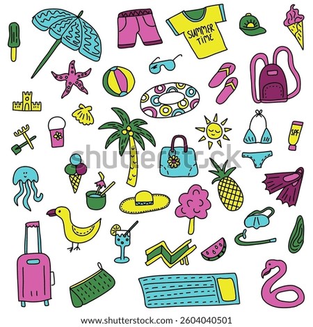 Colorful hand-drawn summer doodle set featuring beach accessories, tropical elements, travel essentials, and vacation symbols, perfect for patterns, prints, stickers, textiles, and digital designs.