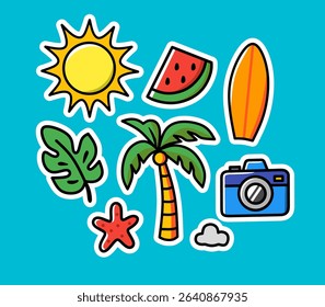 Colorful Hand-Drawn Summer Vacation Stickers Set – Fun Cartoon Vector Icons of Tropical Beach Elements for Travel and Holiday Design