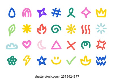 Colorful Hand-Drawn Symbol Set Featuring Diverse and Expressive Icons on a White Background, Including Stars, Moons, Clouds, Leaves, and Abstract Shapes for Artistic and Digital Design