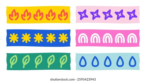 Colorful Hand-Drawn Symbols Arranged in Horizontal Strips, Featuring Flames, Stars, Flowers, Rainbows, Leaves, and Drops for Decorative Patterns, Creative Projects, and Artistic Design