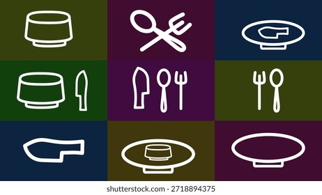 Colorful hand-drawn tableware set featuring plates, forks, knive. Variety of table setting icons with plates and cutlery
