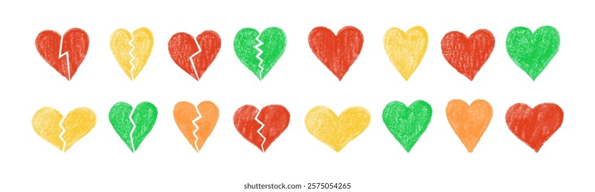 Colorful hand-drawn textured hearts set with whole and broken variations

