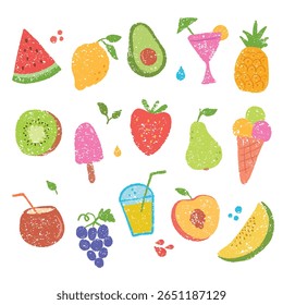 Conjunto de vetor texturizado colorido desenhado à mão de frutas de verão. Inclui melancia, limão, abacate, coquetel, coco, uvas, kiwi, abacaxi, sorvete, pêssego, melão, morango e pera