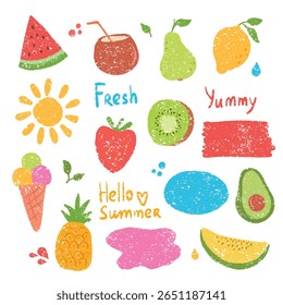Conjunto de vetor texturizado colorido desenhado à mão de frutas de verão com formas de fundo e manchas. Inclui melancia, pera, limão, coco, sorvete, abacaxi, morango, kiwi, sol, melão
