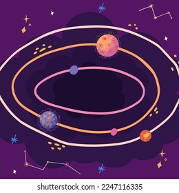 colorful hand-drawn vector background with planets, stars, comets, constellations