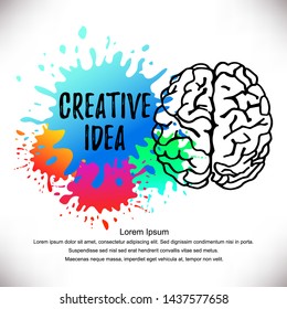 Colorful Handdrawn Vector Brain.Logo silhouette isolated on watercolor splashes of paint.Top view. Design template for apps and websites.Illustration isolated on white background