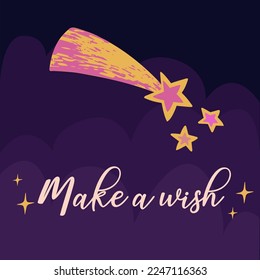 colorful hand-drawn vector card with text make a wish, with stars and purple background