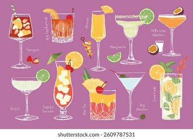 Colorful Hand-Drawn Vector Cocktail Collection