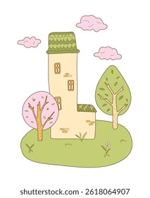 Colorful hand-drawn vector of a cute house with trees, clouds. Perfect for children books, postcards, decor, and creative projects.