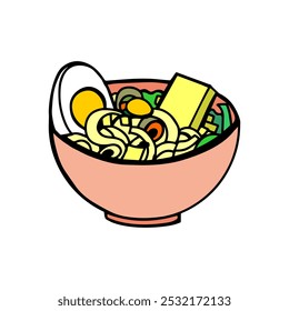 A colorful hand-drawn vector illustration of a bowl of ramen with noodles, tofu, egg, and vegetables, perfect for representing Asian cuisine or comfort food in a modern, minimalist style