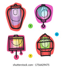 Colorful handdrawn vector illustration with different china lanterns. China holiday, festival paper lantern. Element for your design, web, posters, banners, postcards, advertising.