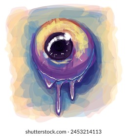 Colorful hand-drawn vector illustration of eye ball, pastel goth colors, marker style, watercolor, t-shirt, mystic fabric print design. Dramatic emotions, tears. Isolated on white background.