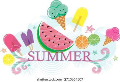 Una colorida Ilustración vectorial dibujada a mano con artículos de temática veraniega como helados, paletas de helado, sandía y cítricos con “SUMMER” escrito en rosa.