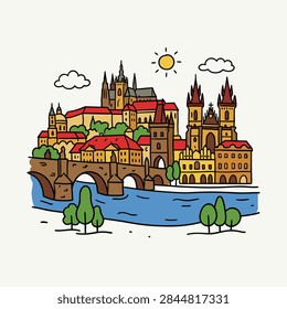 A colorful hand-drawn vector illustration of Prague landmarks featuring Charles Bridge, Prague Castle, and historic towers for travel and tourism design.