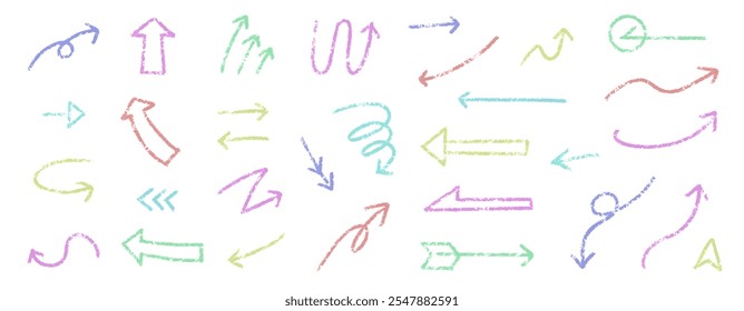 Colorful hand-drawn vector illustration set of arrows. A set of hand-drawn arrows that look like they were drawn with pastels, crayons, or charcoal pencils.