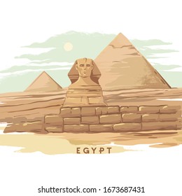 Coloridas ilustraciones vectoriales hechas a mano de la pirámide de Giza, Esfinge, Egipto dibujadas a mano en un fondo blanco. Diseño para una agencia de viajes.