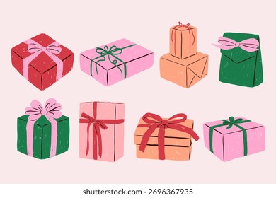 Vetor colorido desenhado à mão conjunto de caixas de presente com fitas e arcos. O estilo bonito de rabiscar apresenta-se nas cores vermelho, rosa, verde e laranja. Perfeito para o Natal, aniversários, celebrações, convites, verde