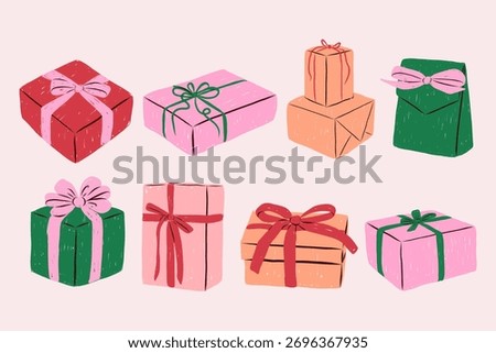 Colorful hand-drawn vector set of gift boxes with ribbons and bows. Cute doodle-style presents in red, pink, green, and orange colors. Perfect for Christmas, birthdays, celebrations, invitations, gree