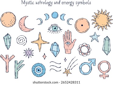 A colorful hand-drawn vector set of mystical astrology symbols. Includes moon phases, sun, stars, crystals, eye, hand, runes, and other esoteric elements