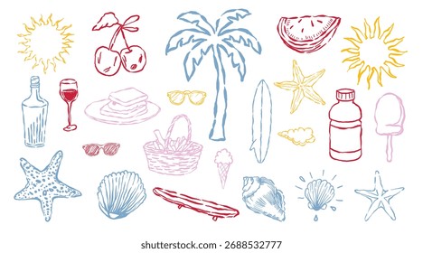 A colorful hand-drawn vector set of summer beach accessories with a seamless pattern of sun, sea, and food icons perfect for holiday travel illustration design on a card