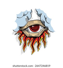 Colorful hand-drawn vector of a wide red eye with flames and clouds. Graphic sketch in vintage tattoo style on white background.