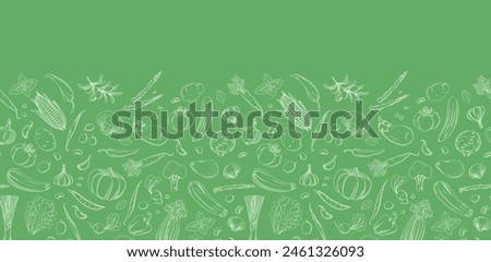 Colorful Hand-Drawn Vegetables border Pattern for Healthy Living. Seamless pattern vector illustration. White and green