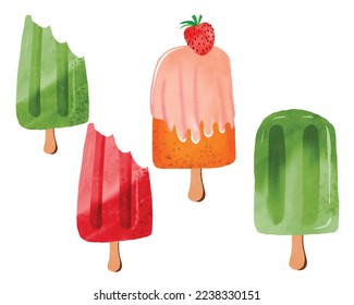 Colorful hand-drawn watercolor popsicles set with transparent background