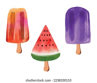 Colorful hand-drawn watercolor popsicles set with transparent background