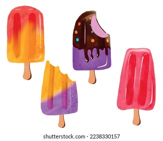 Colorful hand-drawn watercolor popsicles set with transparent background