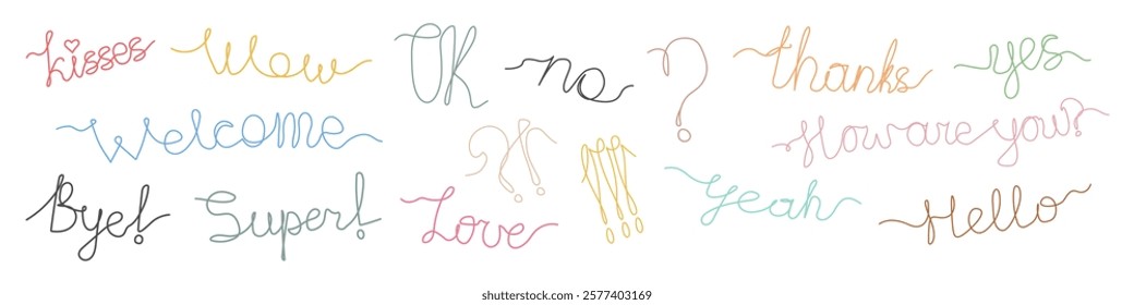 Colorful hand-drawn words and phrases in cursive script style on a white background. Vector illustration of expressive text elements. Design for greeting cards, invitations, posters, and stickers