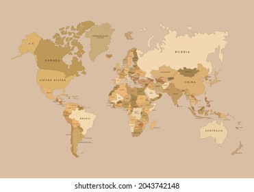 Colorful handdrawn world map with country names. Different colors. Simple flat vector illustration