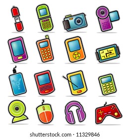 Colorful Handheld Electronics Icons. Simplified, colorful Icon set representing various electronic handheld items.