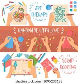 Colorful handmade banners set with creative hobbies for kids flat isolated vector illustration