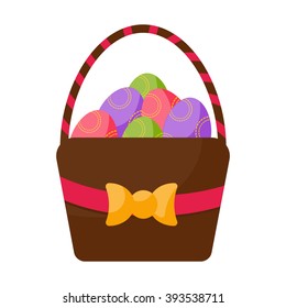 Colorful handmade easter eggs in the basket isolated flat vector illustration. Basket with Easter eggs traditional food and spring decoration. Spring basket with eggs cartoon flat vector.