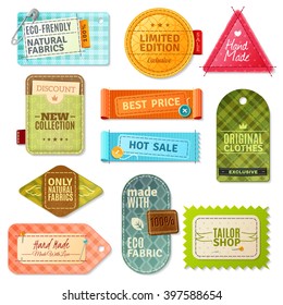 Colorful handmade fabric label set isolated in different shapes and styles vector illustration