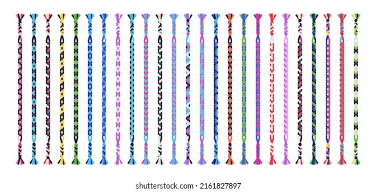 Colorful handmade friendship bracelets set of threads or beads. Macrame normal pattern tutorial. Vector cartoon isolated illustration.