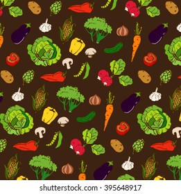 colorful handmade hand drawn grocery store vegetable pattern wallpaper background design with dark brown background