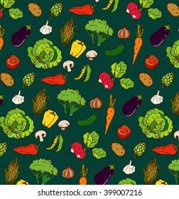 colorful handmade hand drawn grocery store vegetable pattern wallpaper background design with dark turquoise green background