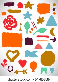 Colorful handmade set of grunge elements, brush stroke, heart, flag, arrow, air balloon, circle, square, triangle, star, line, leaf, flower, garland, rose, dot, crescent. Vector illustration.