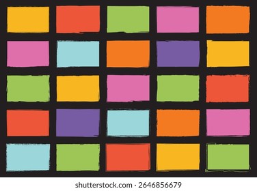 Colorful hand-painted abstract squares and rectangles in various brush styles arranged in grid layouts, ideal for modern design use.