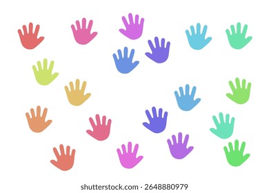 Colorful handprint collection in various shades of red, blue, green, and purple. Perfect for kids, creativity, diversity, and educational themed designs