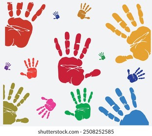 Colorful Handprint Vector Illustration – High-Quality Graphic Featuring Multiple Handprints in Vibrant Colors. Perfect for Creative Designs, Children's Art Projects, Education Materials, and Community