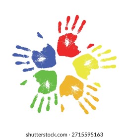 Impressões manuais coloridas criando um símbolo de diversidade e trabalho em equipe em forma de círculo