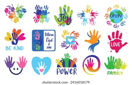 Colorful handprints design. Different logo with palm prints. Family and relationship, parenthood, friendship and love. Pride month, neoteric vector set